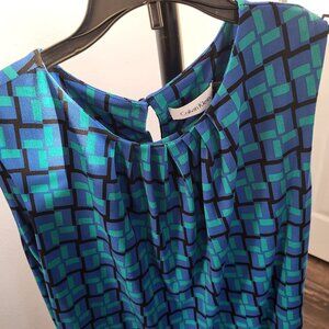 Calvin Klein Small Blue/Green/Black Geometric Shell Pleated Neckline w/ Keyhole